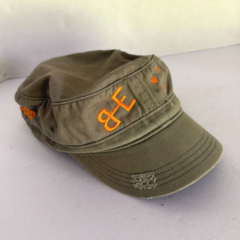 District Threads, VTG Y2K Olive Green Military Cadet Cap Flat Top Hat Distressed